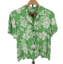 Caribbean Joe 90s Vintage Lime Green Tropical Floral Button Down Top