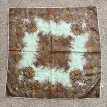 VTG Hand Printed Square Scarf Made in Japan Abstract Marbled Swirl Brown Green