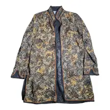 Vtg Y2K Coldwater Creek Black Beige Floral Tapestry Open Front Mandarin Jacket M
