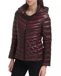 CALVIN KLEIN Hooded Packable Premium Down Puffer Coat Eggplant Wine XS