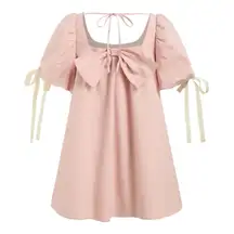 Cider Womens Small Mini Dress Square Neck Knotted‎ Bubble Puff Sleeve Pink