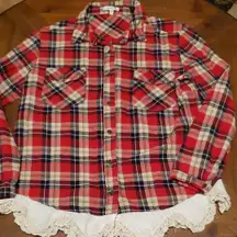 JODIFL Red and Navy Plaid Button Down Shirt with Lace Hem