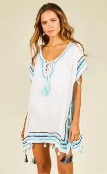 Surf Gypsy White Beach Coverup Dress Resortwear Vacation Tassels Blue Coastal