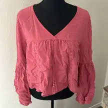 Boho pink lantern sleeve tassel & lace cropped blouse