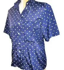 Josephine Nwot blue silky feel button up blouse with white polka dots