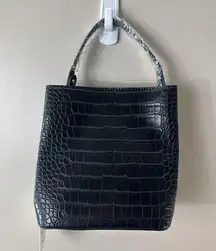 AOTA Elena Bucket Bag Black Vegan Leather Croc Embossed Top Handle Crossbody