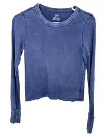 Aerie Long Sleeve Acid Wash Cropped T Shirt Blue Size Small Cotton Casual