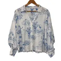 Jane + Delancey Blue/White Bistro Print Button Down Shirt Size XL