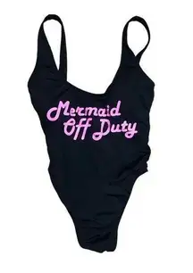 Mermaid Off Duty One Piece Swimsuit - black w pink & tie up back Small