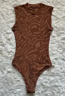 Bodysuit Summer Mesh Mock Neck Sleeveless Sheer Latte Swirl Brown XS