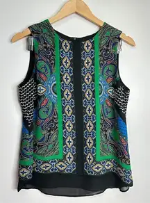 Rose + Olive Blouse Womens Size Medium Printed Sleeveless Shirt Green/Black‎