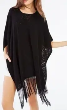 BCBGMAXAZRIA Women's M L Drue Pointelle Sheer Lace Fringe Poncho Black Boho Goth