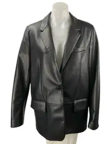 Zara Womens Black Faux Vegan Leather Long Sleeve Button Blazer Coat Jacket Sz M