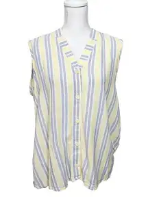 Flax  Linen Striped Sleeveless Button Up Shirt Collared Split-Neck Yellow Blue M