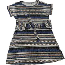 GILLI Dress Womens Small Blue Brown Striped Short Sleeve Belted‎ Boho USA Made