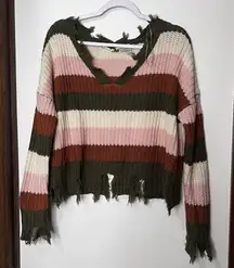 Wonderly Distressed Striped V-Neck Sweater - Olive, Pink, Brown