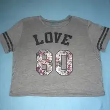 WORKSHOP crop top “LOVE 80” floral grey black stripes short sleeve size L