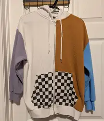 Forever 21 Colorblock Hoodie Checkered Pockets Zip Up Sweatshirt Small Oversized