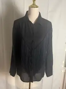 Timing Black Long Sleeve Notched Collar Button Down Fringe Shirt