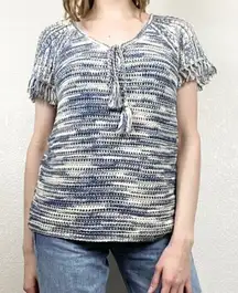 Massimo Dutti Blue White Short Sleeve Fringe Trim Knitted Sweater Blouse Size S