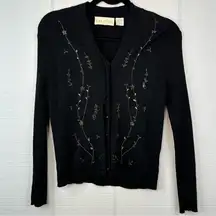 Gina Peters Black Ribbed Long Sleeve Button Up Cardigan Embroidered Greenery S
