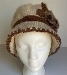 Vintage Bucket Hat Sherpa Crochet Cloche Cream Brown with Faux Fur Flower Accent