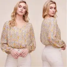 ASTR the Label V-Neck Pleated Long Sleeve Floral Cream Blue Sunflower Yellow Top