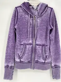 Zen purple zip‎ up hoodie with Kangaroo pocket,random info on back, sz s