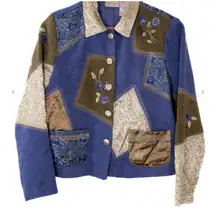 Womens Vintage Napa Valley Petites Blue Patchwork Beaded Multimedia Jacket lg