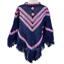 Vintage 70s Hand Made Crochet Granny Poncho Navy Pink Pom Pom Fringe Cottagecore