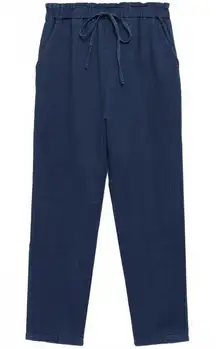 Mango 100% Cotton Chambray Elastic Waist Cotton Pants Night Blue NWT XS