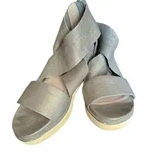 EILEEN FISHER leather platform silver sandals sz 8 strappy open toe ankle zip