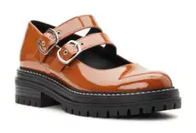 Womens Double Strap Buckle Carmel Brown  Mary Jane Chunky Heel Shoes Sz 8