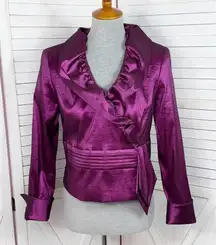 Nipon Boutique Ruffle Shawl Collar Pleat Sash Evening Top Taffeta Pink Purple 8