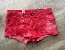 Volcom Red Tie-Dye Distressed Cutoff Jean Shorts Festival Skater Surf Boho Sz 7