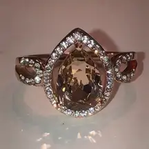 Size 6.75 Rose Gold Tone Smoky Quartz CZ Rhinestone Fashion Statement Ring