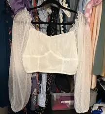 Large White Sheer Polka Dot Puff Sleeve Cropped Blouse SHEIN