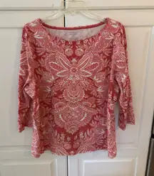 Talbots Plus Size 2X Red White Paisley Print 3/4 Sleeve Boat Neck Tee Shirt