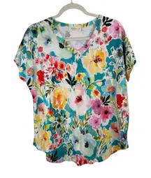 Jess & Jane Floral Short Sleeve T-Shirt Cotton Modal Preppy Summer Womens Medium