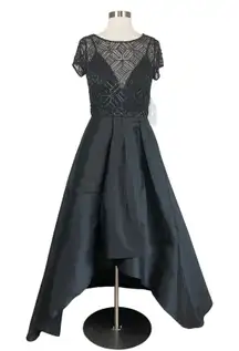 Black Beaded Satin Ball Gown Size 4 J Kara High Low Short Sleeve Formal Dress