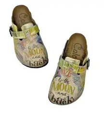 Calceo Handmade Love You To The Moon Back Graphic Clogs Green Tan Size 37