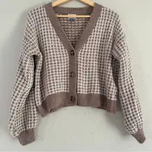 Yarn & Sea Brown Cream Houndstooth Cropped Cardigan Casual Neutral Comfy Soft