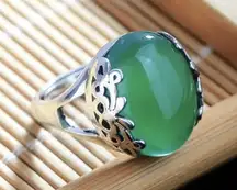 18K White Gold Plated Adjustable Green Agate Emerald Ring for Women