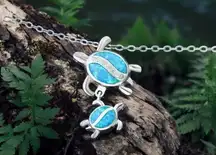 Silver Plated Tear Drop Opal Turtle Parent‎ Child Pendant, Minimalist Necklace