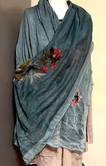 floral scarf green cream and pinks distressed edging light and flowy