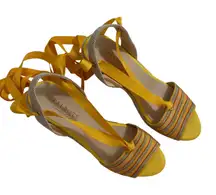 Talbots Espadrille Wedge Sandals Size 9 Yellow Red Ribbon Tie Up Ankle Stripe