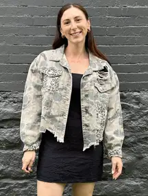 POL Camo and Leopard Distressed Denim Jacket Size Large