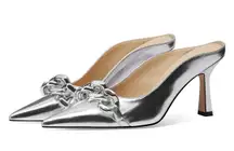JiaBinji Heeled Mules Chain Embellished Pointed Toe Stiletto Mules for Women Slip on Backless Party Bridal Shoes Silver Size 5.5
