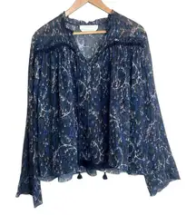 Chloé Silk Boho Peasant Blouse Top Womens FR 40 US 8 Navy Blue Floral Print Silk