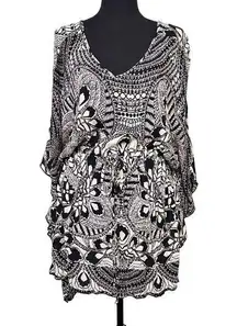 Angie Size M Black/Ivory Beach Cover Up‎ Tie Draw Waist V-neck Poncho Style